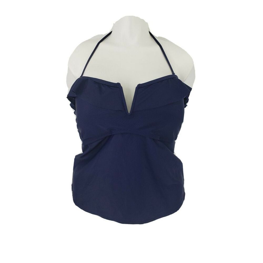Aerie Womens Ruffle Tankini Swimwear Top Halter Navy Blue Size XXL